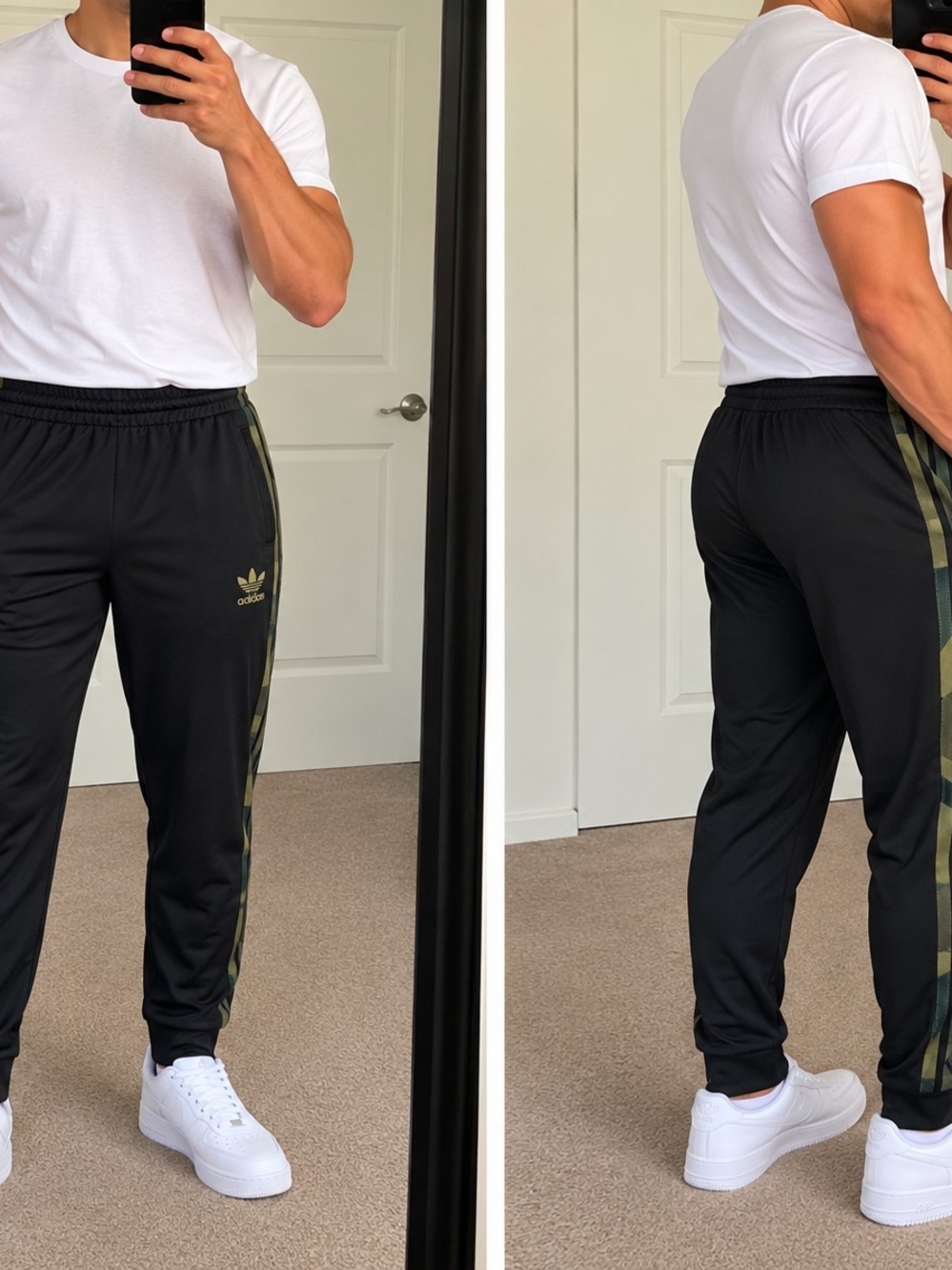 Black Adidas Originals track pants featuring an olive green